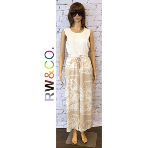 RW&Co., Cream/tan wide leg tropical print with front tie - Picture 3 of 12